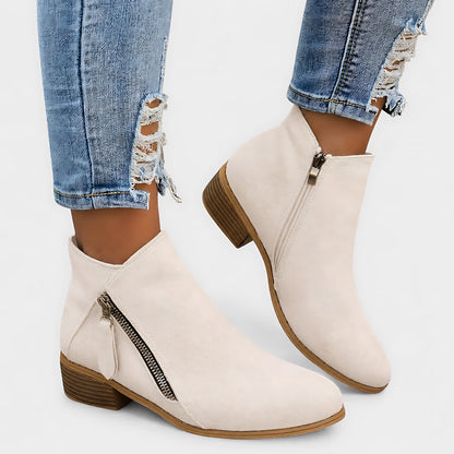 Lina | Suede Round Toe Block Heel Side Zip Ankle Boots