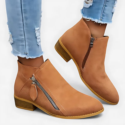 Lina | Suede Round Toe Block Heel Side Zip Ankle Boots