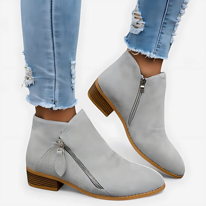 Lina | Suede Round Toe Block Heel Side Zip Ankle Boots