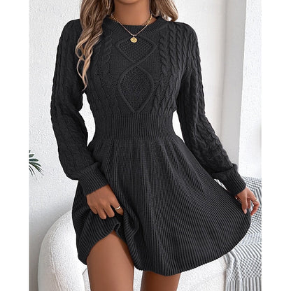 Evadne | Cable Knit Jumper Dress with Fitted Waist and Flared Skirt