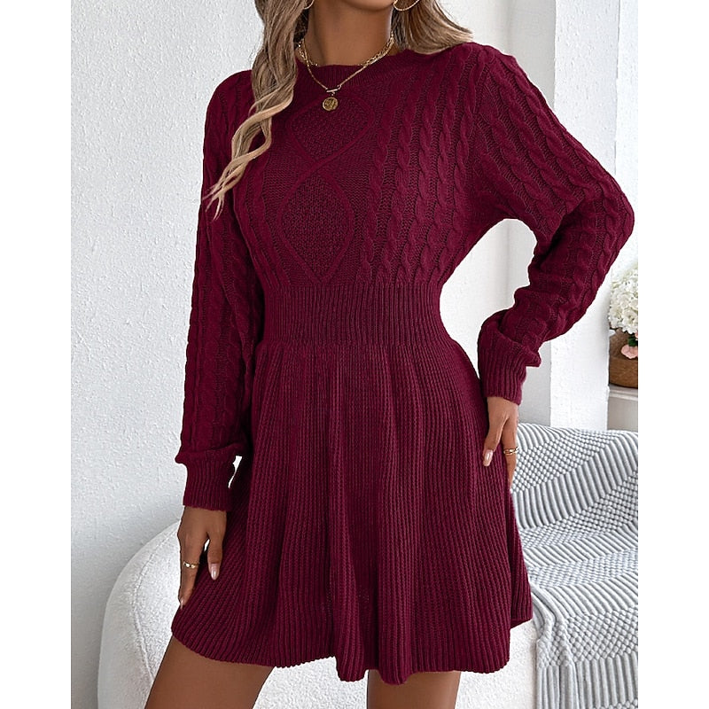 Evadne | Cable Knit Jumper Dress with Fitted Waist and Flared Skirt