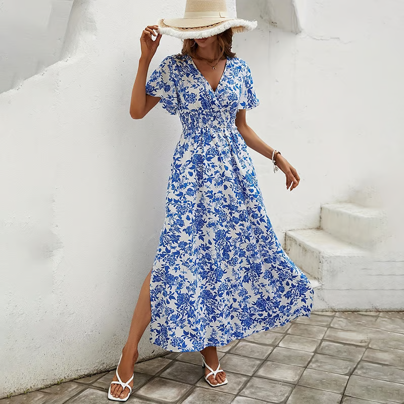 Bianca | Boho Printed V-Neck Short Sleeve Maxi Dress