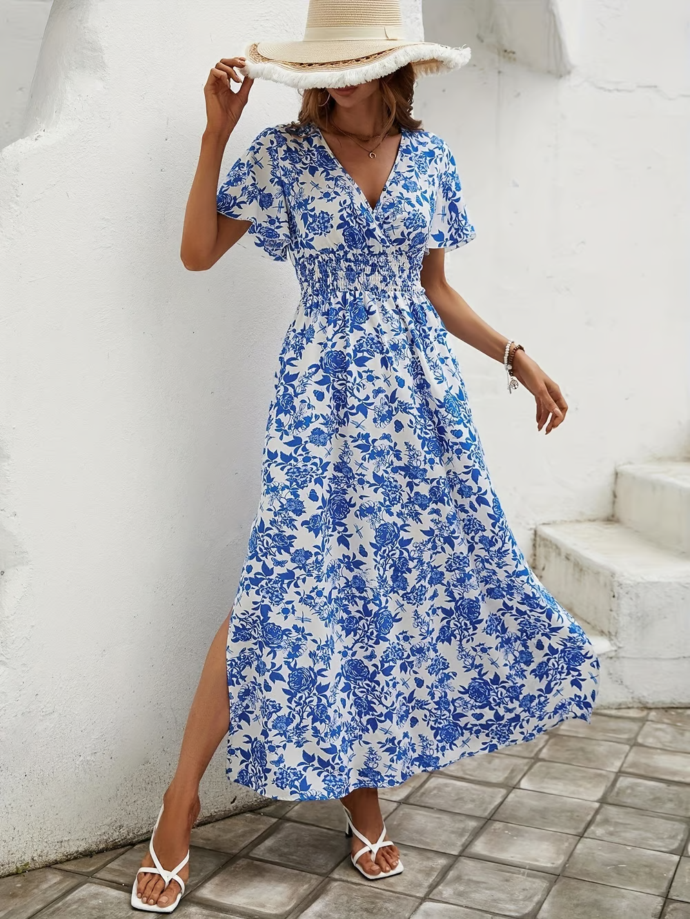 Bianca | Boho Printed V-Neck Short Sleeve Maxi Dress