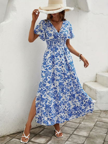 Bianca | Boho Printed V-Neck Short Sleeve Maxi Dress