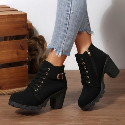Vicky | Suede Buckle Lace Up Chunky Block Heel Ankle Boots