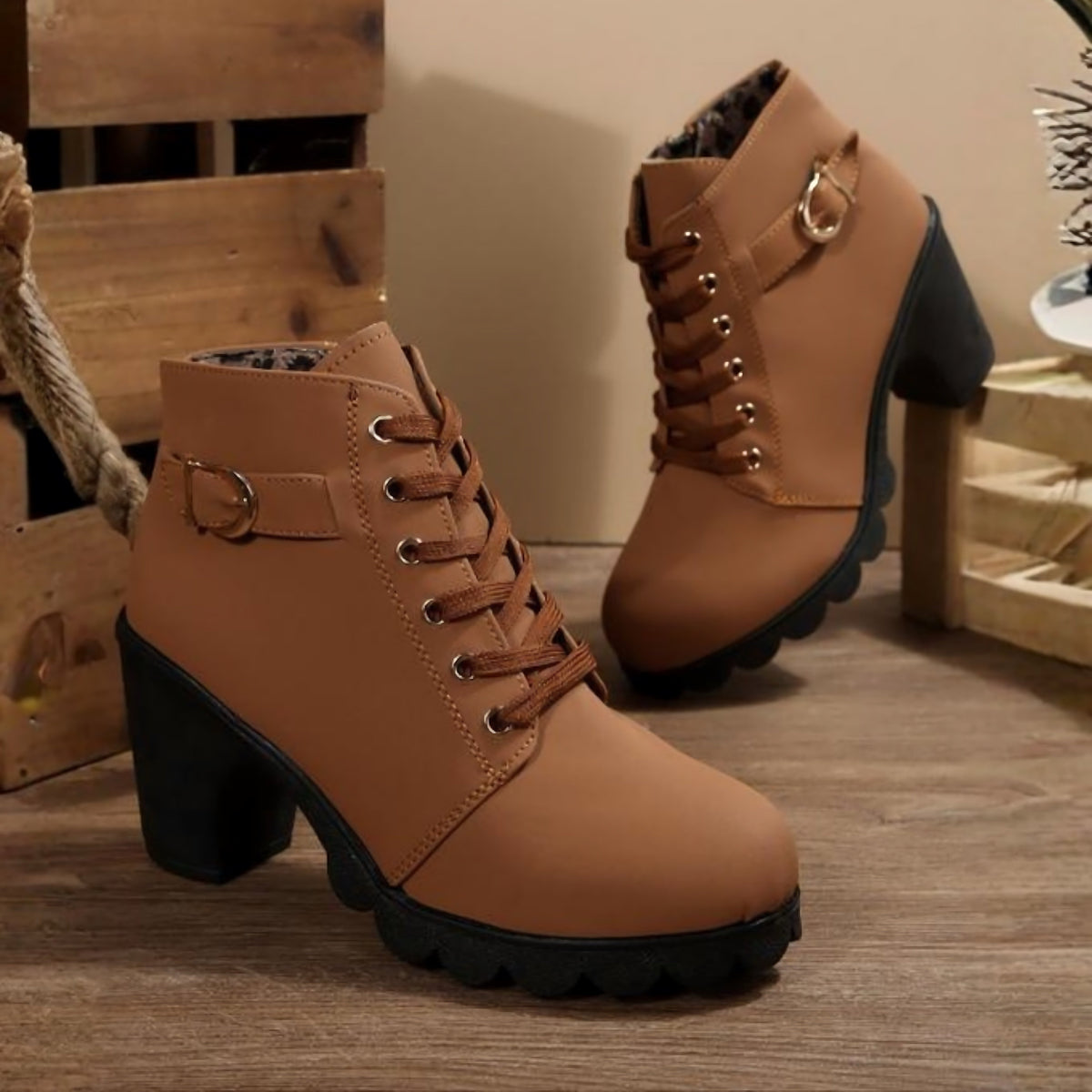 Vicky | Suede Buckle Lace Up Chunky Block Heel Ankle Boots