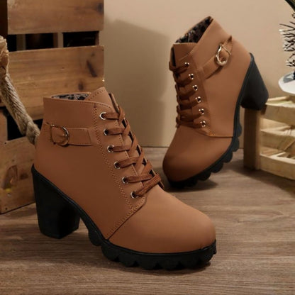 Vicky | Suede Buckle Lace Up Chunky Block Heel Ankle Boots