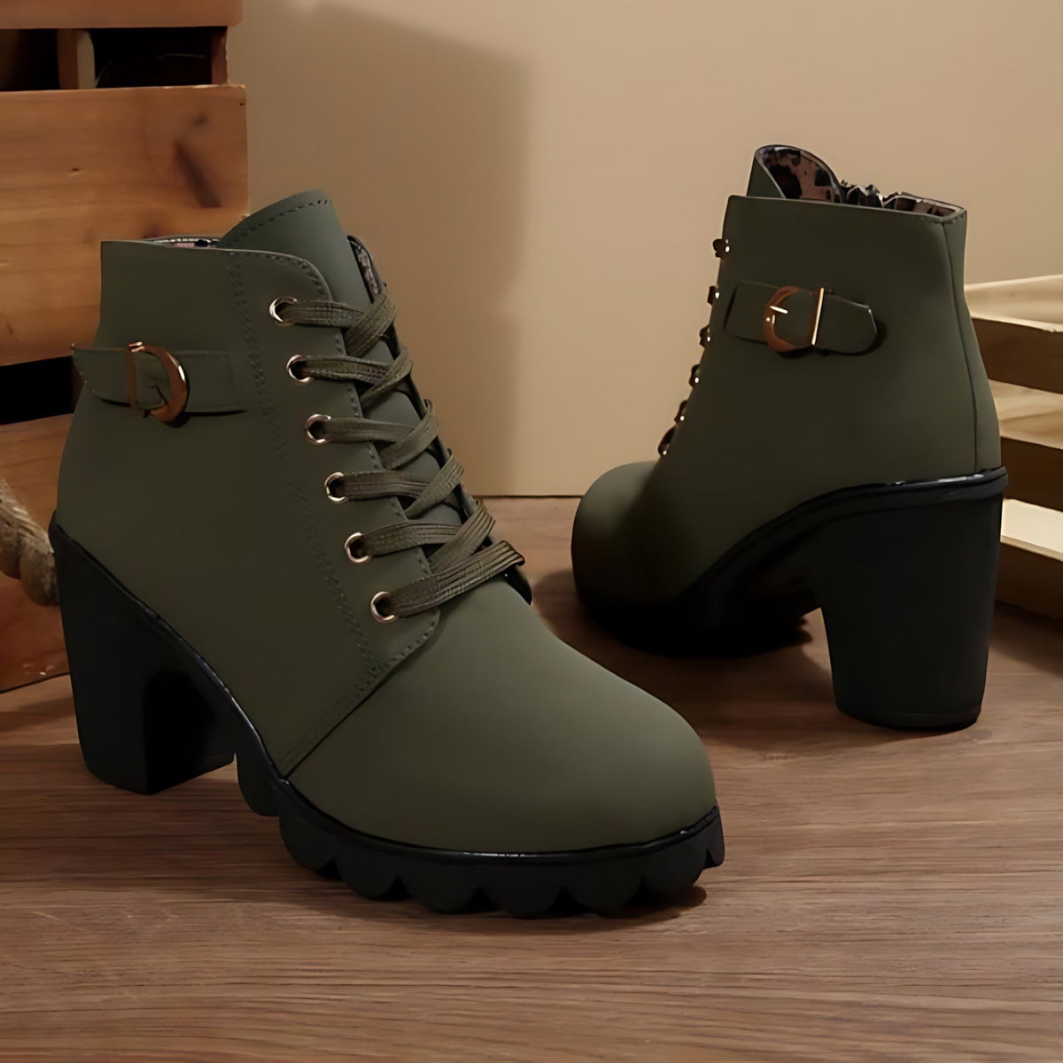 Vicky | Suede Buckle Lace Up Chunky Block Heel Ankle Boots