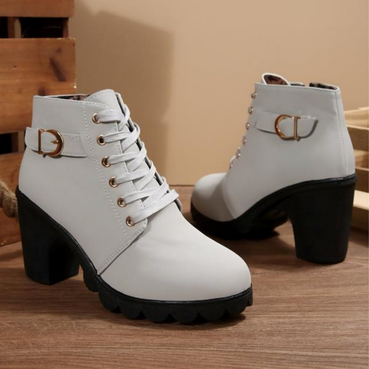 Vicky | Suede Buckle Lace Up Chunky Block Heel Ankle Boots