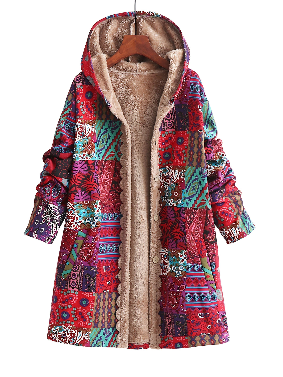 Lucy | Boho Floral Sherpa Hooded Longline Winter Coat