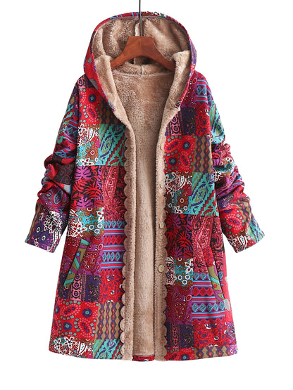 Lucy | Boho Floral Sherpa Hooded Longline Winter Coat