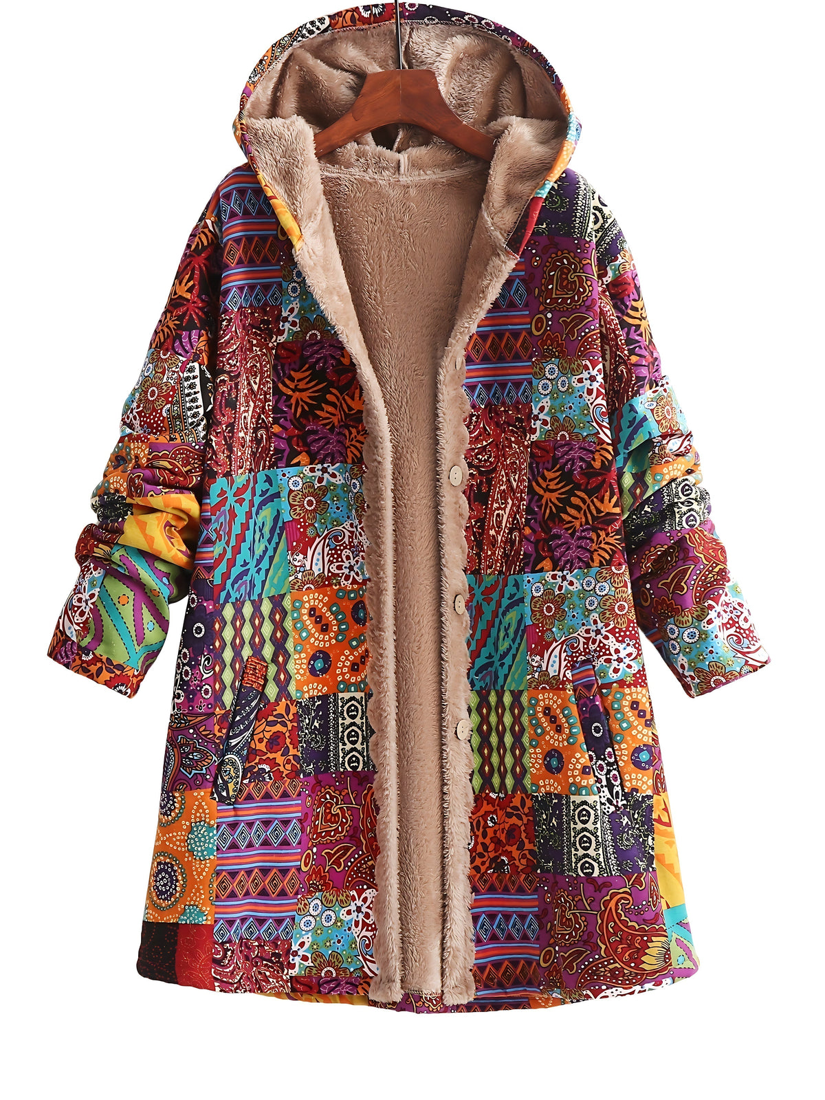Lucy | Boho Floral Sherpa Hooded Longline Winter Coat