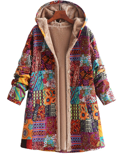 Lucy | Boho Floral Sherpa Hooded Longline Winter Coat
