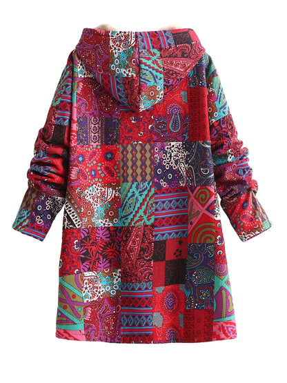 Lucy | Boho Floral Sherpa Hooded Longline Winter Coat