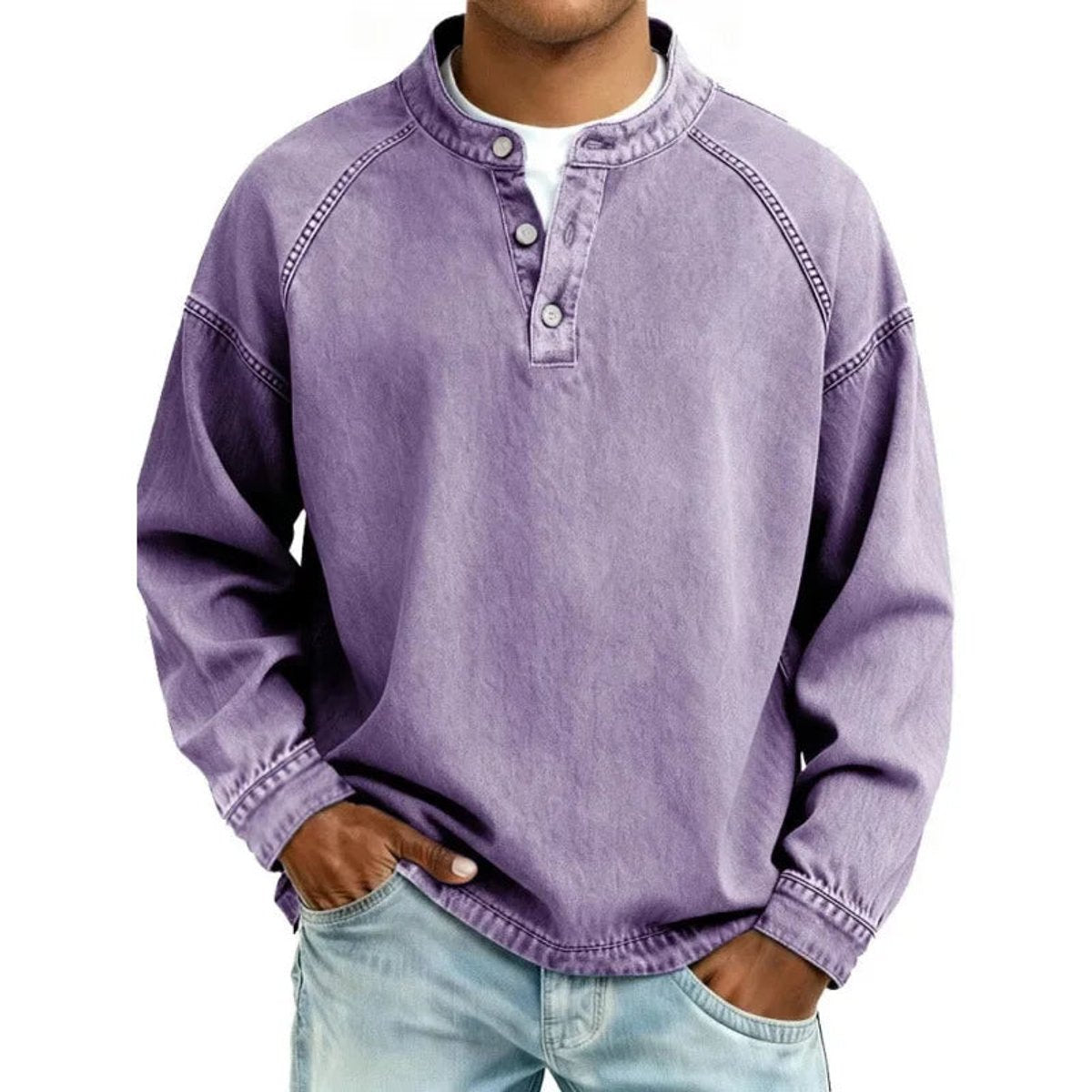 Ambrose | Vintage Washed Denim-Look Button Placket Pullover