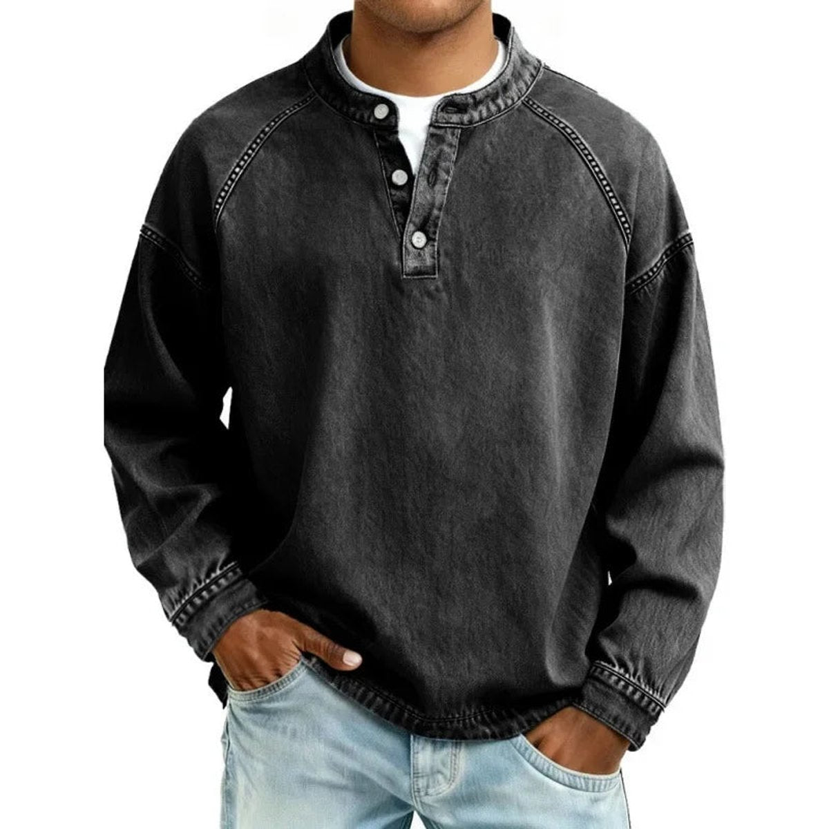 Ambrose | Vintage Washed Denim-Look Button Placket Pullover