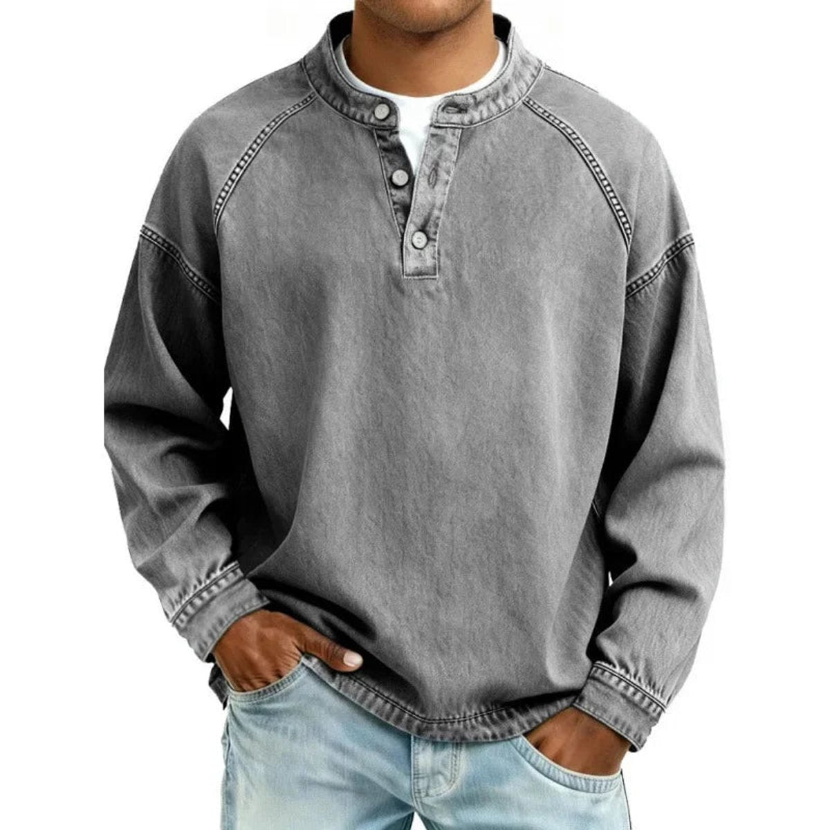 Ambrose | Vintage Washed Denim-Look Button Placket Pullover