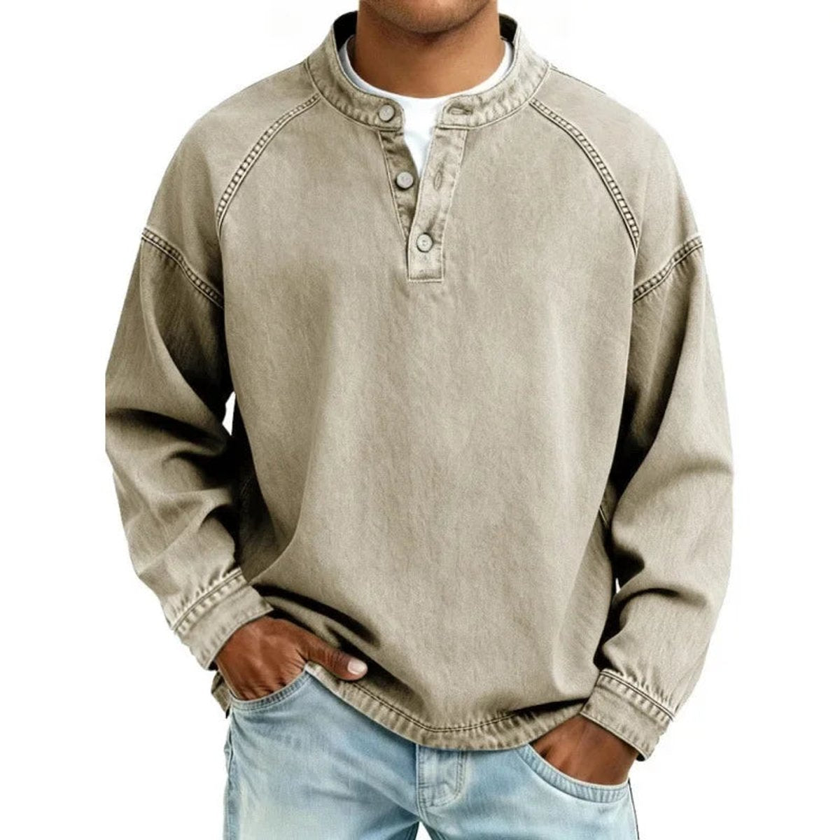 Ambrose | Vintage Washed Denim-Look Button Placket Pullover