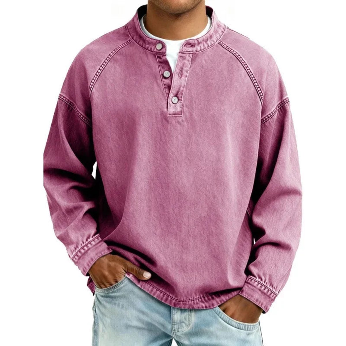 Ambrose | Vintage Washed Denim-Look Button Placket Pullover