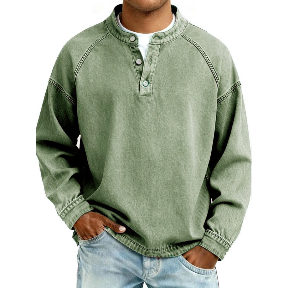 Ambrose | Vintage Washed Denim-Look Button Placket Pullover