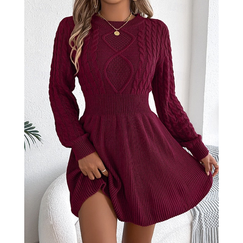 Evadne | Cable Knit Jumper Dress with Fitted Waist and Flared Skirt