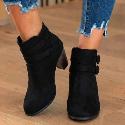 Fiora | Faux Suede Heeled Ankle Boots with Double Buckle Strap