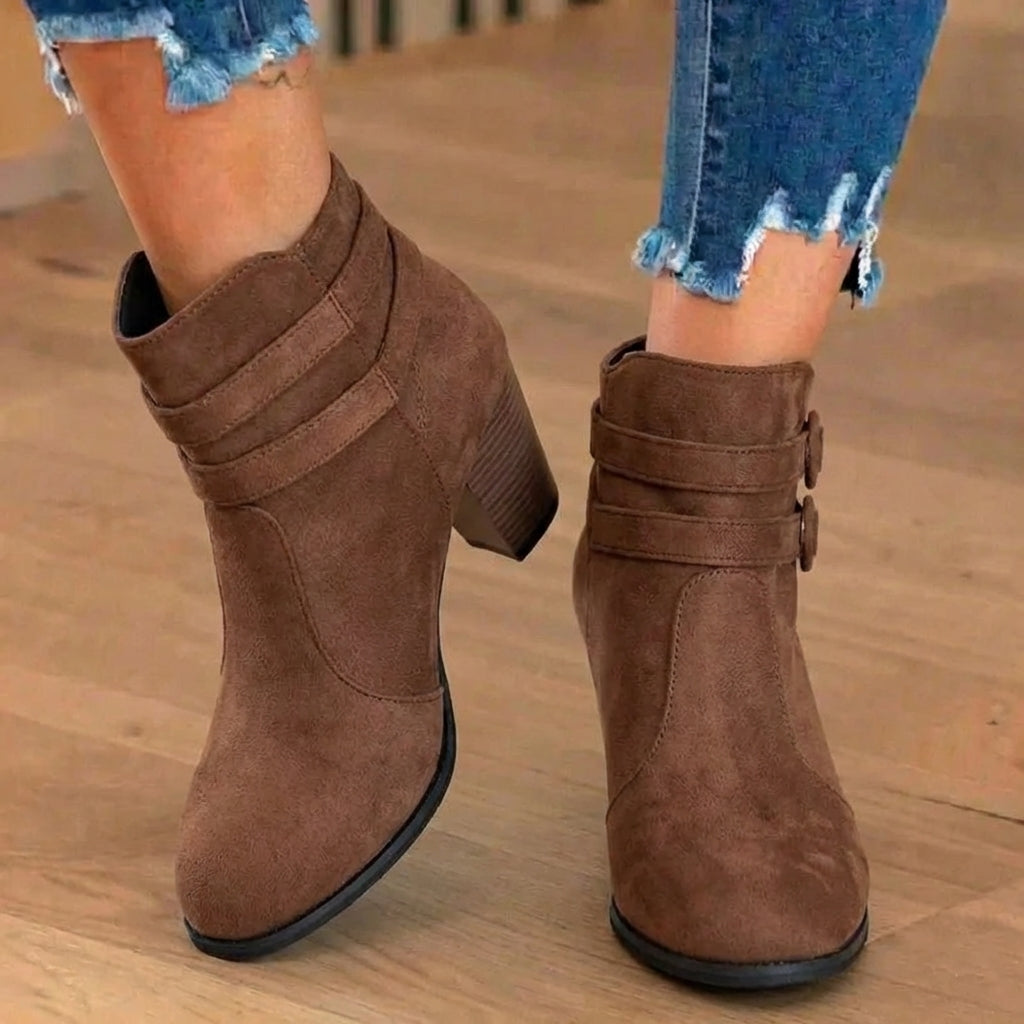 Fiora | Faux Suede Heeled Ankle Boots with Double Buckle Strap