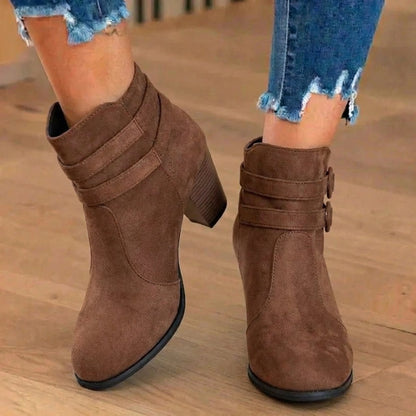 Fiora | Faux Suede Heeled Ankle Boots with Double Buckle Strap