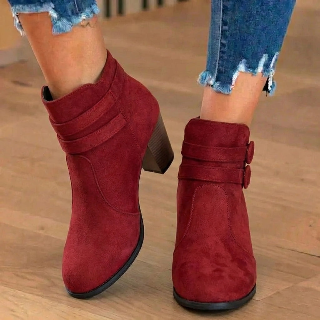 Fiora | Faux Suede Heeled Ankle Boots with Double Buckle Strap