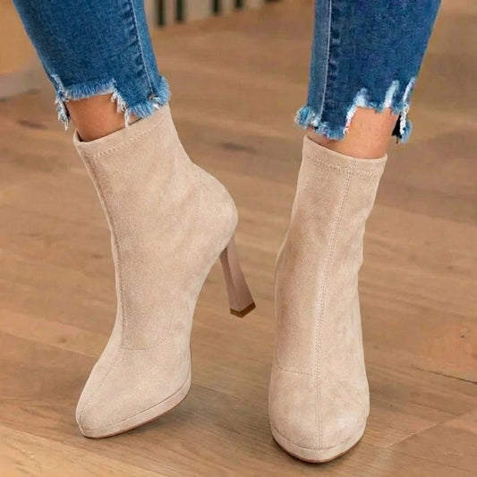 Elke | High Block Heel Faux Suede Ankle Boots with Wide Toe Box