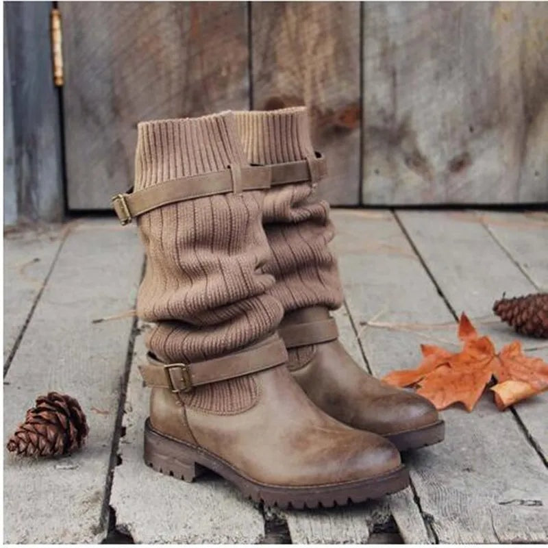 Tamsin | Slouch Knit Mid-Calf Boots with Buckle Straps