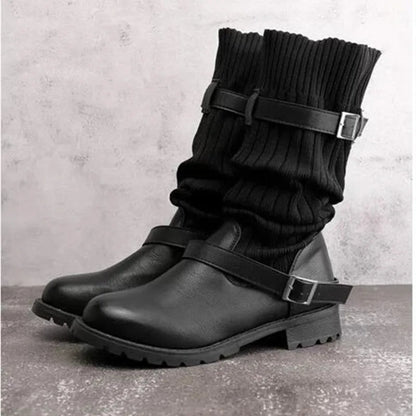 Tamsin | Slouch Knit Mid-Calf Boots with Buckle Straps
