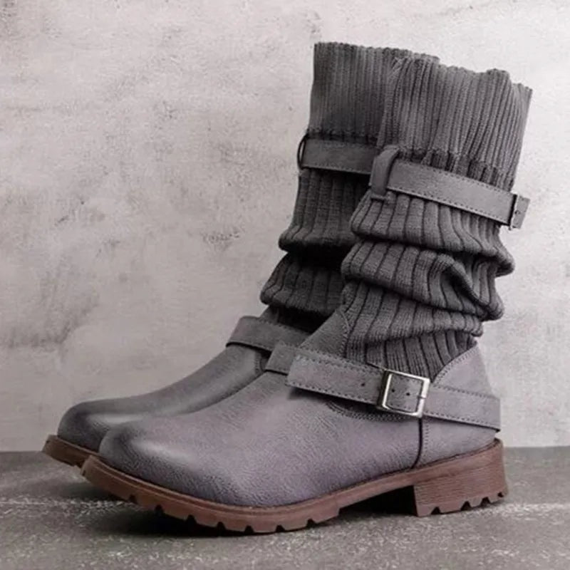 Tamsin | Slouch Knit Mid-Calf Boots with Buckle Straps