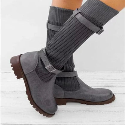 Tamsin | Slouch Knit Mid-Calf Boots with Buckle Straps