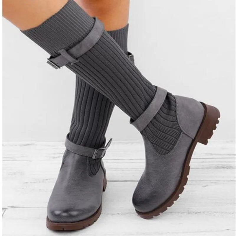 Tamsin | Slouch Knit Mid-Calf Boots with Buckle Straps