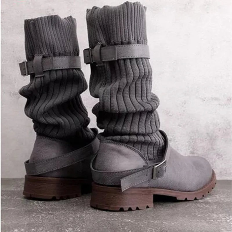 Tamsin | Slouch Knit Mid-Calf Boots with Buckle Straps