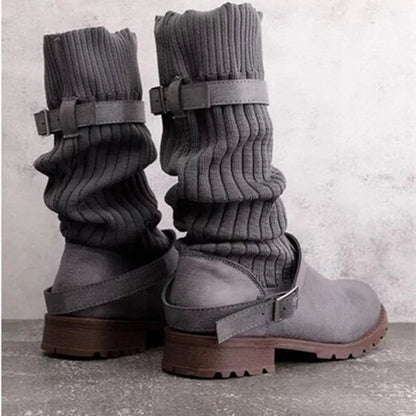 Tamsin | Slouch Knit Mid-Calf Boots with Buckle Straps