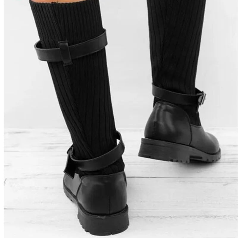 Tamsin | Slouch Knit Mid-Calf Boots with Buckle Straps