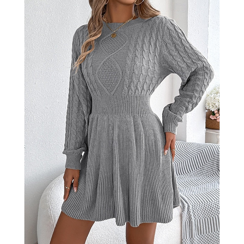 Evadne | Cable Knit Jumper Dress with Fitted Waist and Flared Skirt