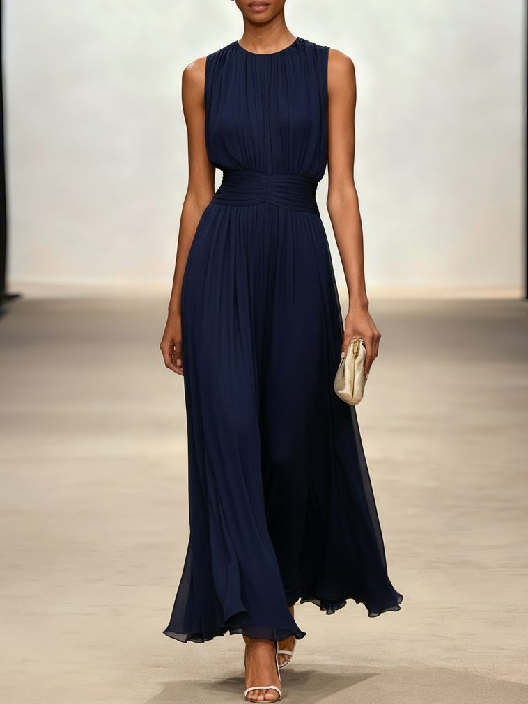 Charlotte | Wedding Guest Sleeveless A-Line Maxi Dress with Ruched Waist