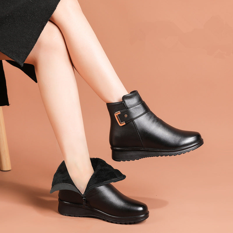 Ella | Leather Faux Fur Lined Flat Winter Ankle Boots