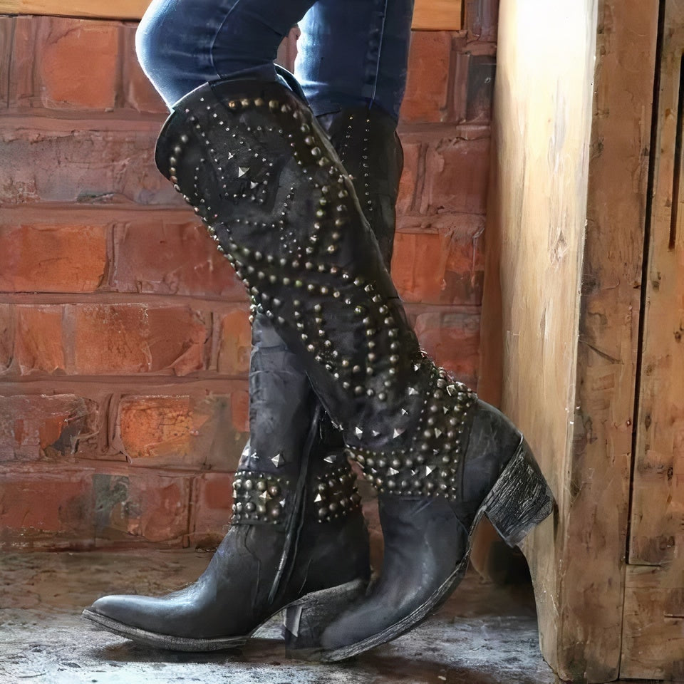 Raven | Studded Distressed Leather-Look Knee-High Boots