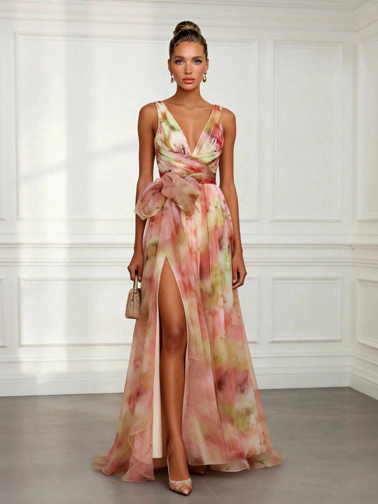 Emily | Wedding Guest V-Neck Tie-Waist Maxi Dress