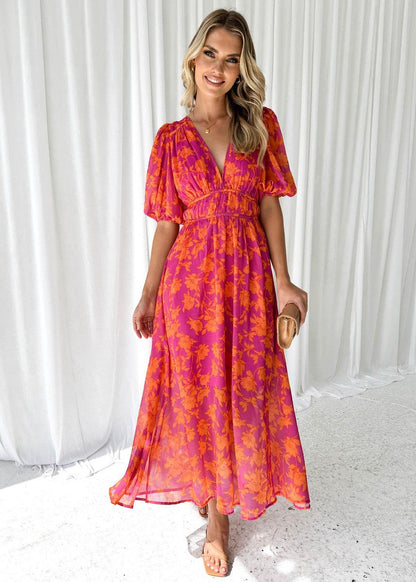 Anna | Floral V-Neck Maxi Wedding Guest Dress