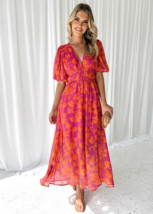 Anna | Floral V-Neck Maxi Wedding Guest Dress