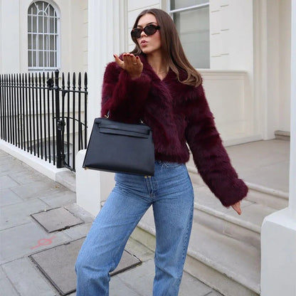Frances | Burgundy Cropped V-Neck Faux Fur Jacket