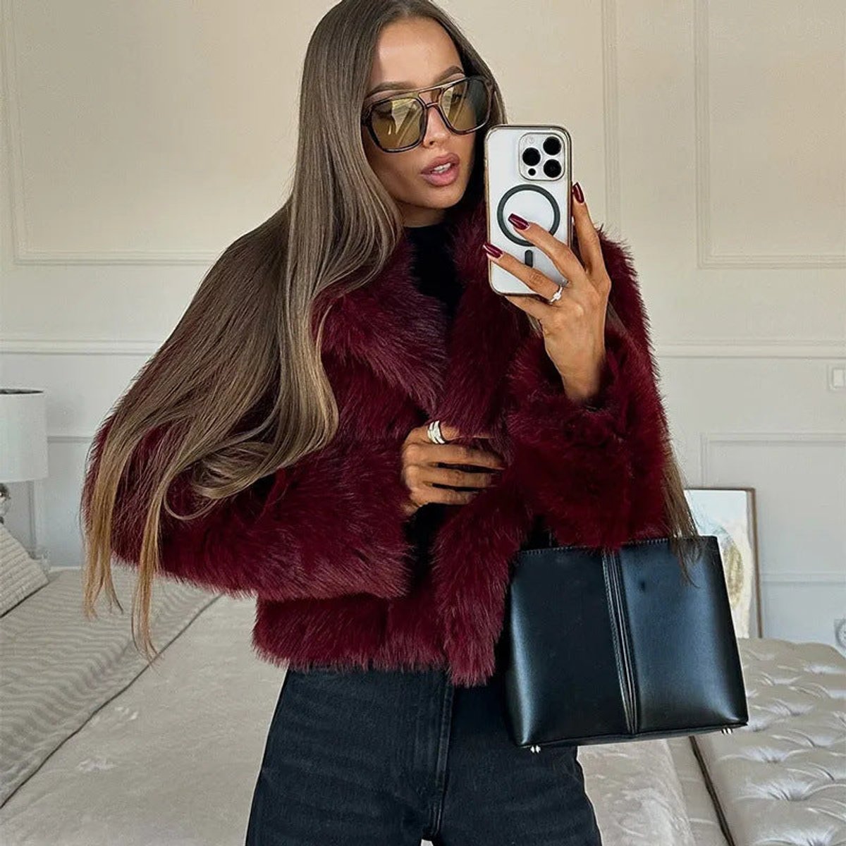 Frances | Burgundy Cropped V-Neck Faux Fur Jacket