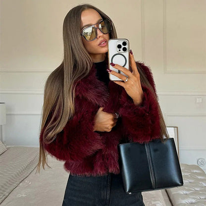 Frances | Burgundy Cropped V-Neck Faux Fur Jacket