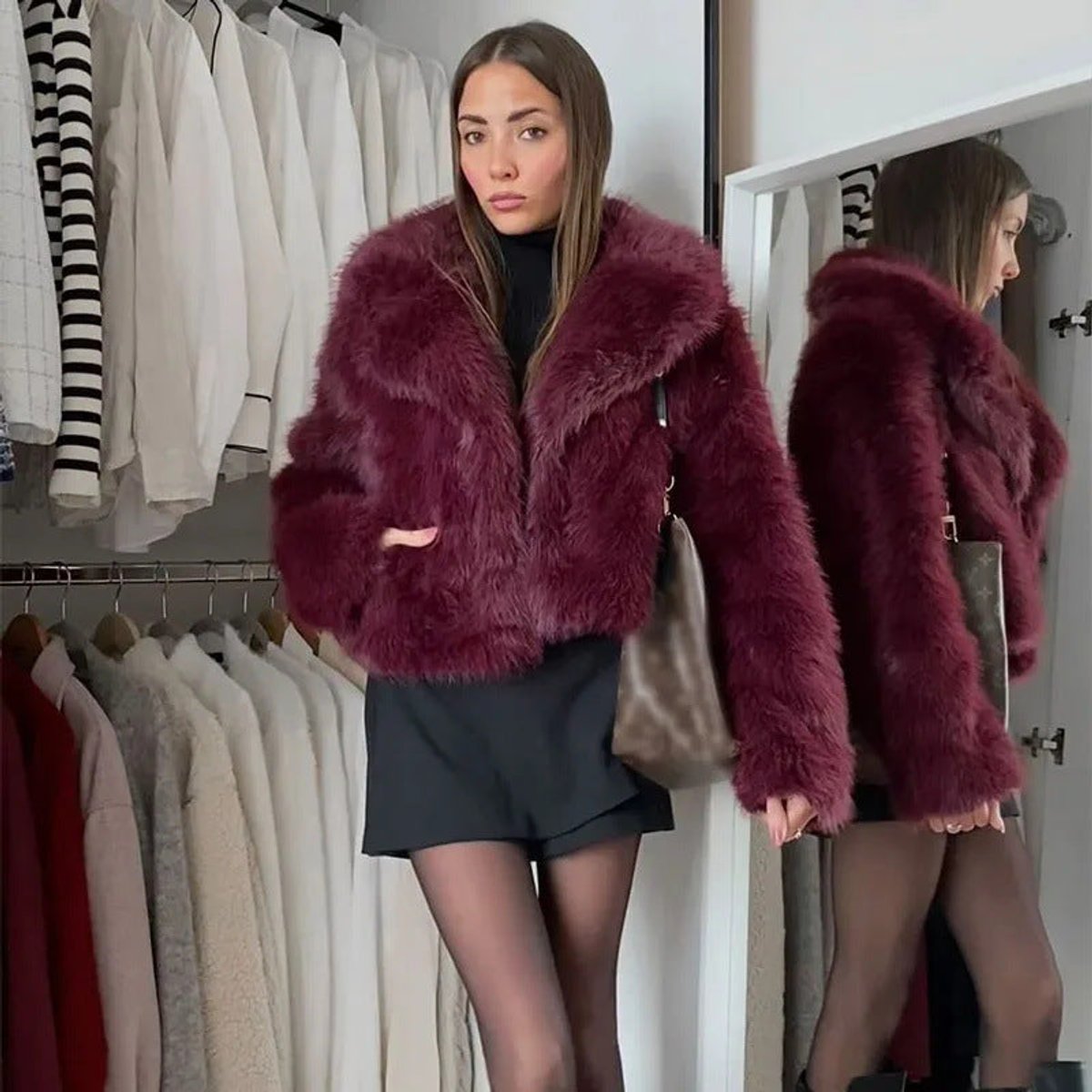 Frances | Burgundy Cropped V-Neck Faux Fur Jacket