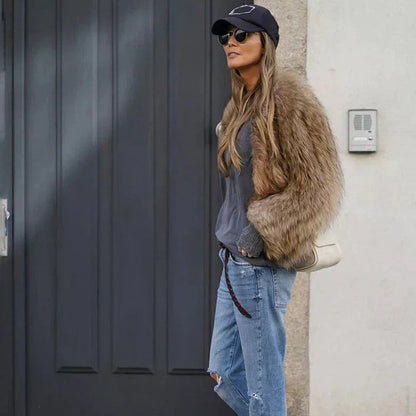 Enid | Brown Fluffy Cropped Faux Fur Jacket